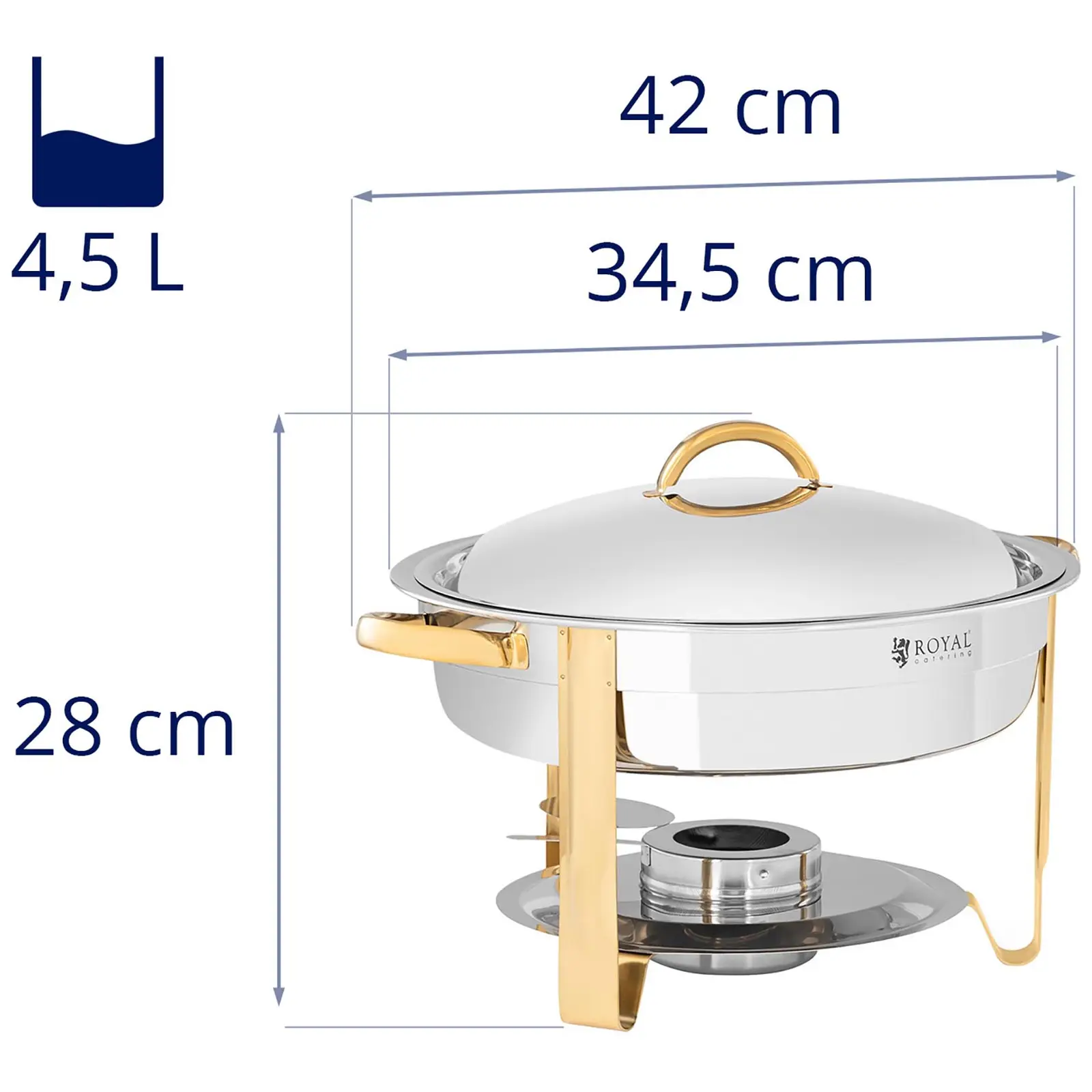 Chafing Dish - Rond - Accents dorés - 4,5 l - 1 bruleur à pâte - Royal Catering