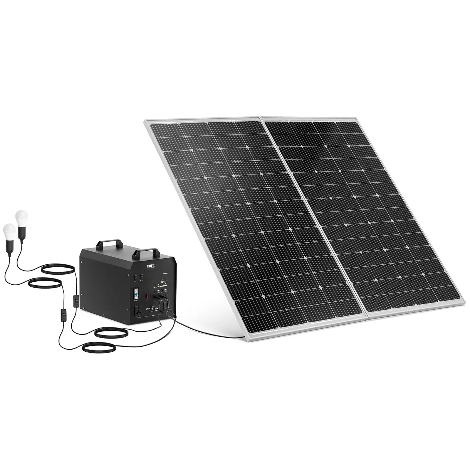Groupe électrogène solaire avec panneau solaire et onduleur - 1800 W - 5 / 12 /230 V - 3 lumières LED