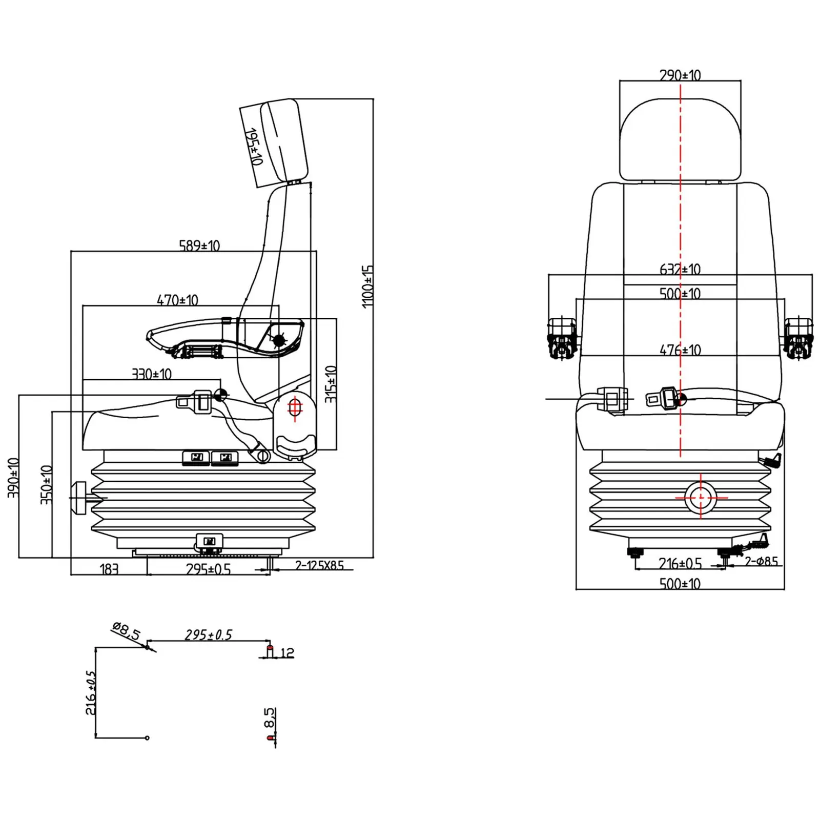 Siège de tracteur - 52 x 50 cm - Ajustable - Suspension