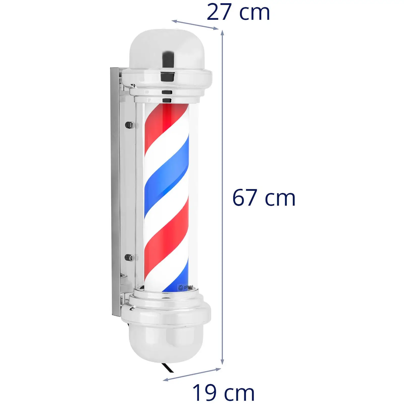 Enseigne de barbier - rotatif et éclairé - 380 mm de hauteur - 25 cm de distance au mur - support argenté