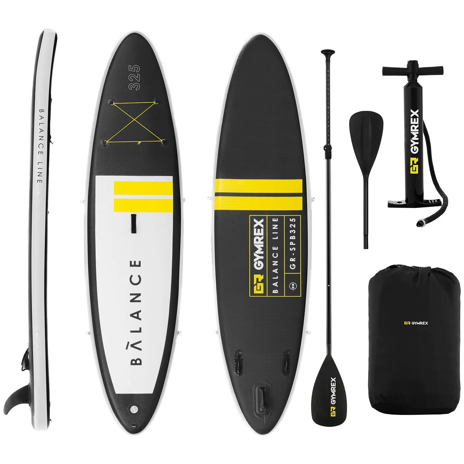 Stand up paddle gonflable - 145 kg - Noir/jaune - Kit incluant pagaie et accessoires